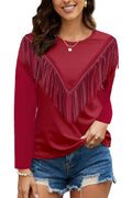 PESION Womens Funny 80s 90s Shirts Long Sleeve T-Shirt Fringe Trim Tops Tees Blouse Burgundy 3X-Large