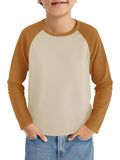 Haloumoning Boys Long Sleeve Raglan T Shirts Kids Color Block Crewneck Casual Tops Tees 4-14 Years Khaki