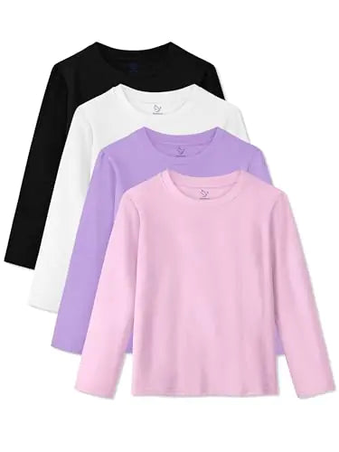 HoeVou 4 Pack Girls Long Sleeve Shirts Soft Cotton Long-Sleeve T-Shirts Tagless Basic Tees for Teen Girls Youth 7-8Y