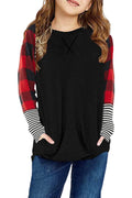 SELINK Girls Casual T Shirts Long Sleeve Basic Tees Color Block Crewneck Tunic Shirt Blouse Tops D Black Plaid XL