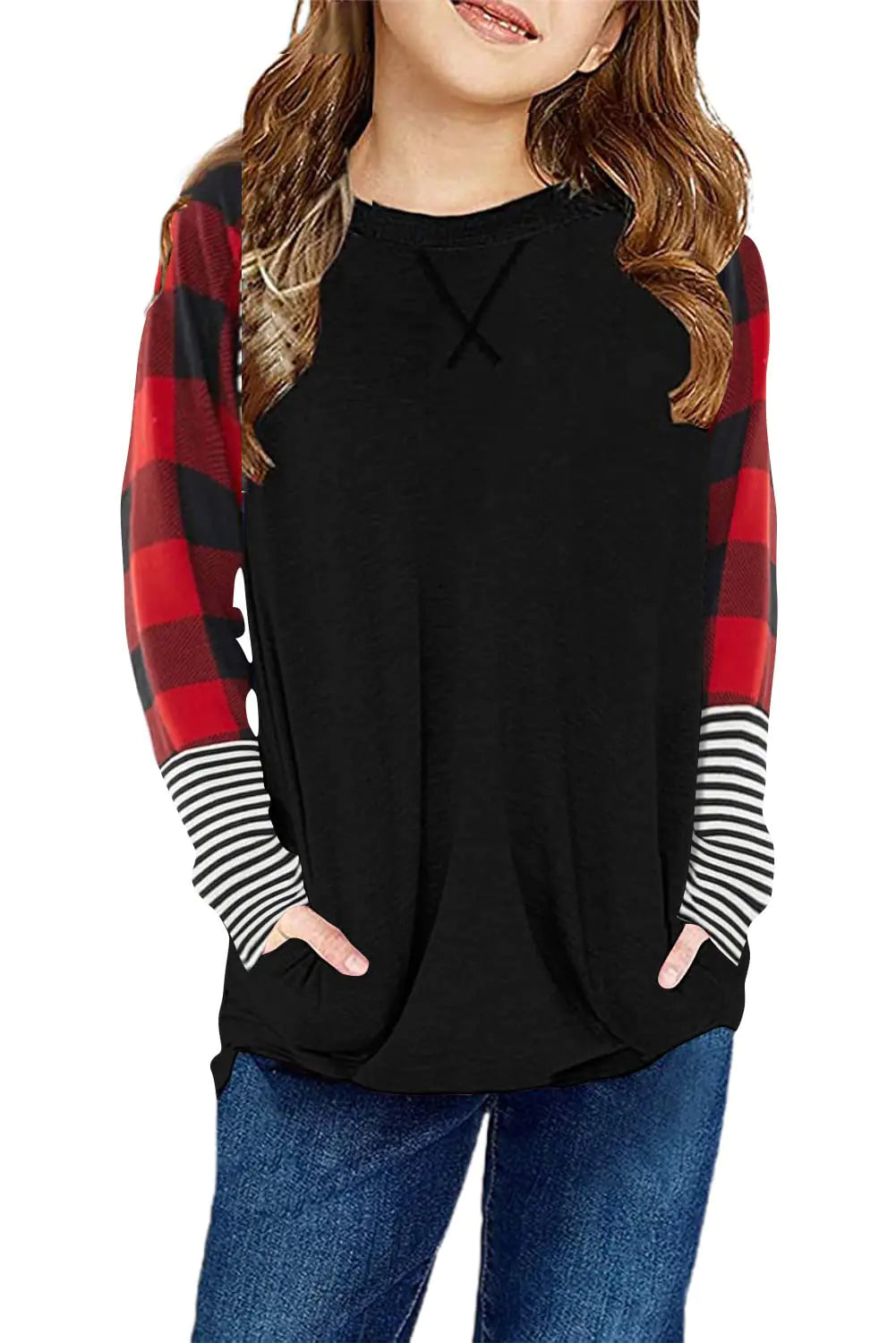 SELINK Girls Casual T Shirts Long Sleeve Basic Tees Color Block Crewneck Tunic Shirt Blouse Tops D Black Plaid XL