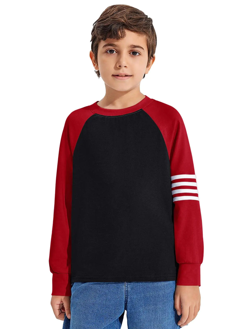 Haloumoning Boys Long Sleeve Raglan T-Shirts Casual Colorblock Crewneck Tops Tees 4-14 Years Red and Black
