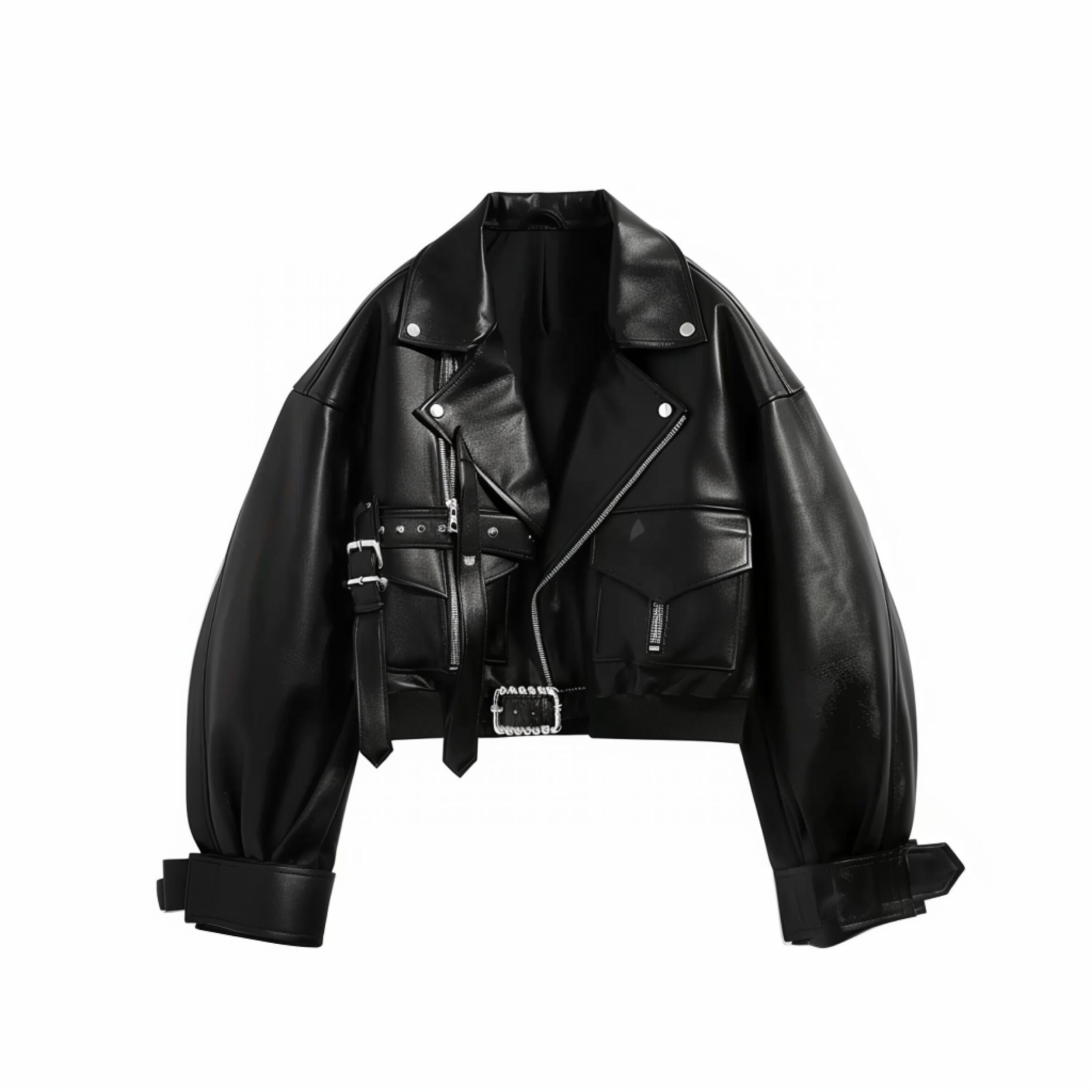 Belted Cropped Black Leather Jacket