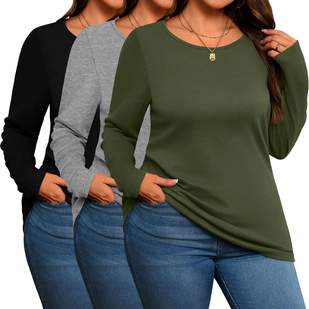 Evervibe 3 Pack Womens Plus Size Cotton Shirts Scoop Neck Long Sleeve Casual Tops Form Fit Knitted Tees T-Shirts Blouses(Black Gray Army Green5xl)