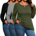 Evervibe 3 Pack Womens Plus Size Cotton Shirts Scoop Neck Long Sleeve Casual Tops Form Fit Knitted Tees T-Shirts Blouses(Black Gray Army Green5xl)