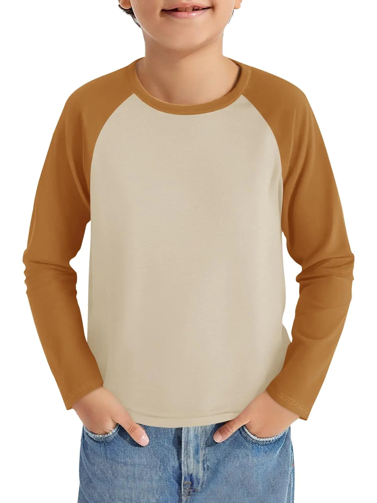 Haloumoning Boys Long Sleeve Raglan T Shirts Kids Color Block Crewneck Casual Tops Tees 4-14 Years Khaki
